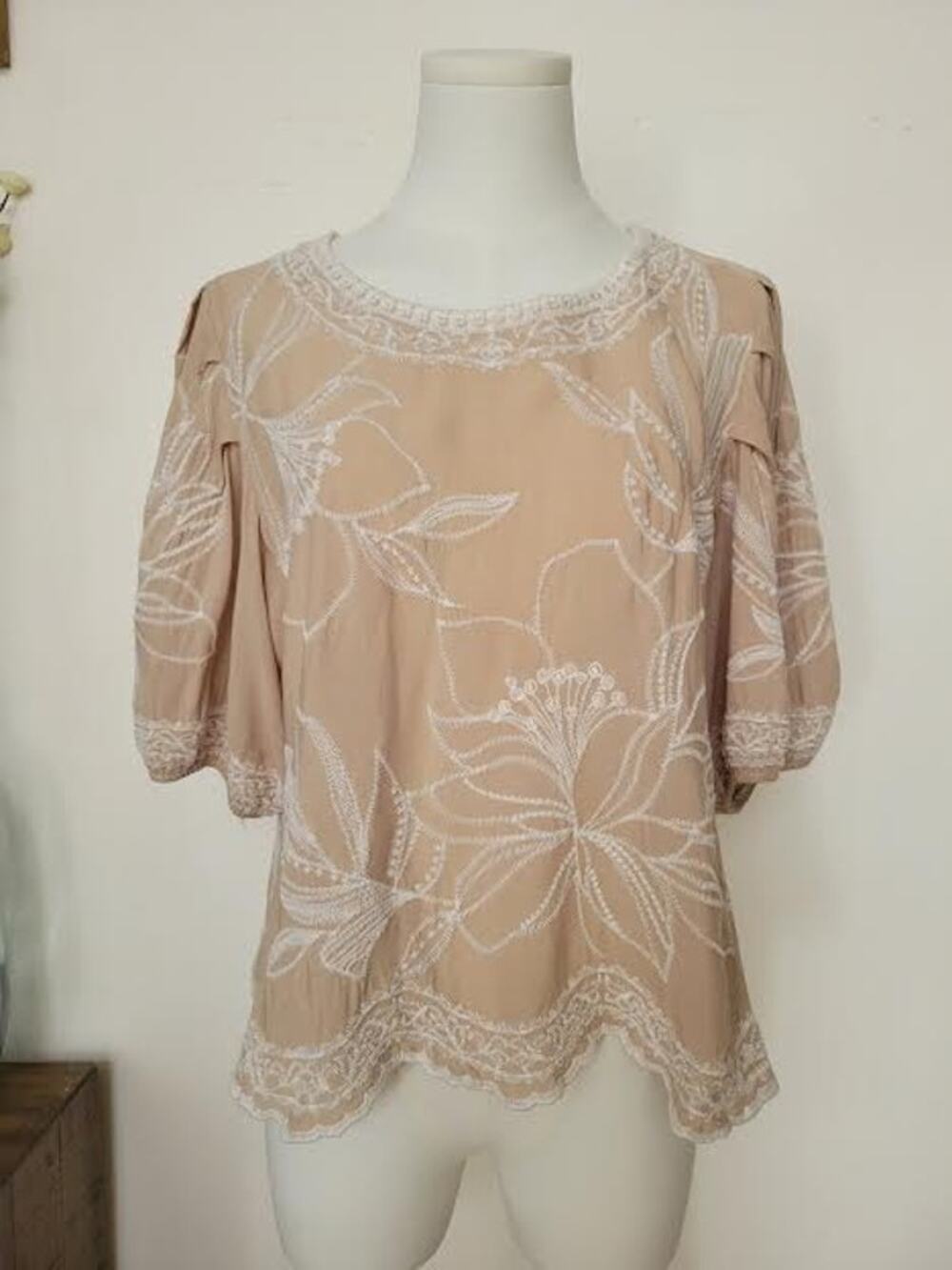 Cottage Garden Floral Embroidered Puff Sleeve Relaxed Fit Asymmetrical Blouse